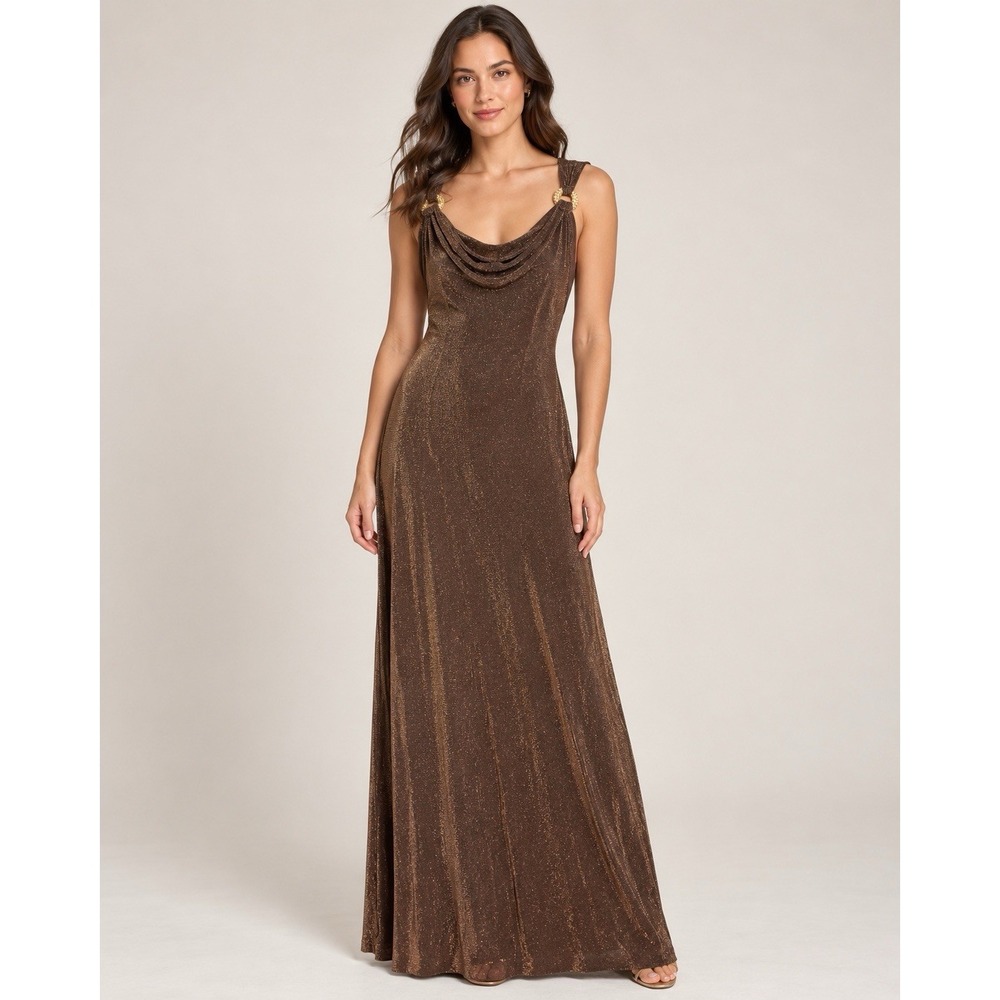 Vintage Y2K Alex Evenings Size 12 Bronze Metallic Cowl Rhinestone Gown USA